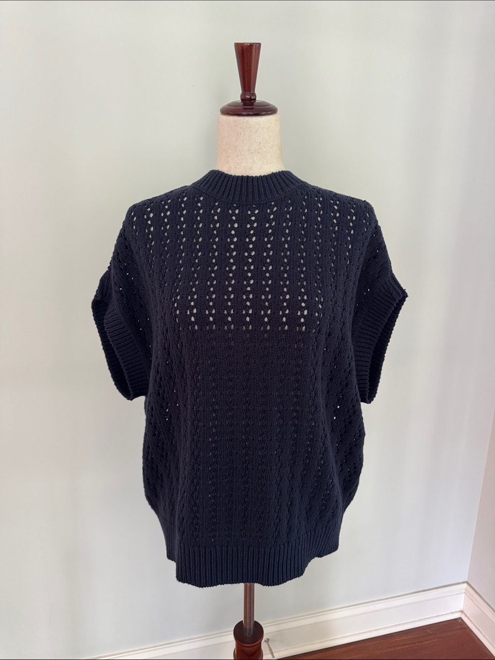 LOFT Navy Blue Open-Weave Short Sleeve Crewneck Sweater